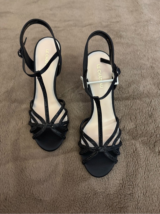 le chateau Shoes - le chateau Brand New Sparkle Crystal Black Strappy T‑Bar Evening Satin Heels